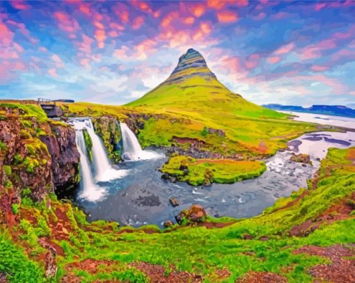 Kirkjufell Mountain Waterfall paint by numbers