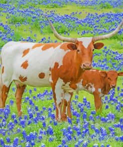 Longhorn And Calf In Bluebonnets paint by numbers