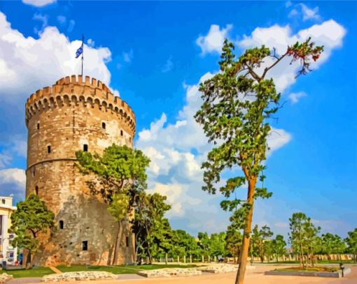 Aesthetic White Tower Of Thessaloniki In Greece paint by numbers