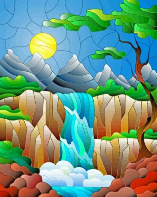 Stained Glass Waterfall Illustration paint by number