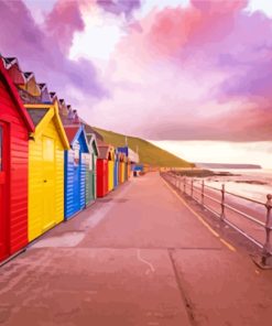 Whitby Beach Huts Sunset paint by numbers