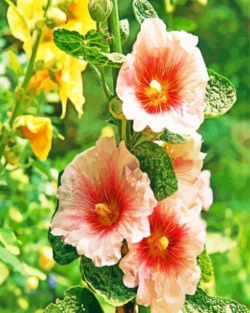 Blooming Hollyhocks Flowers paint by number