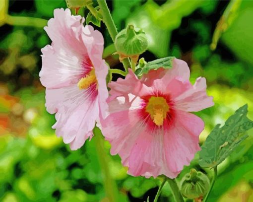 Blooming Pink Hollyhocks paint by number