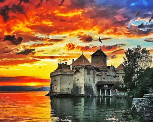 Chillon Castle Sunset paint by number