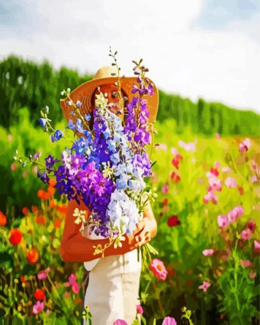 Girl Holding Larkspur Flowers paint by numbers