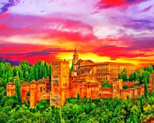 Granada Alhambra Palace At Sunset paint by number