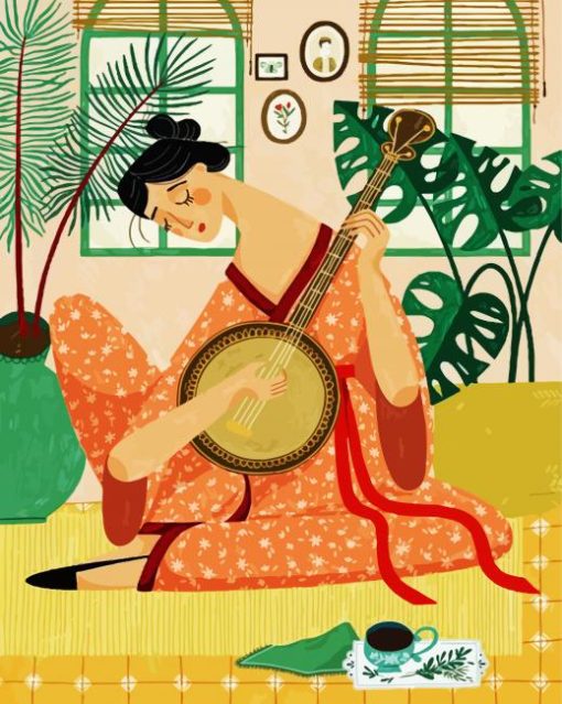 Asian Lady Playing Banjos paint by number