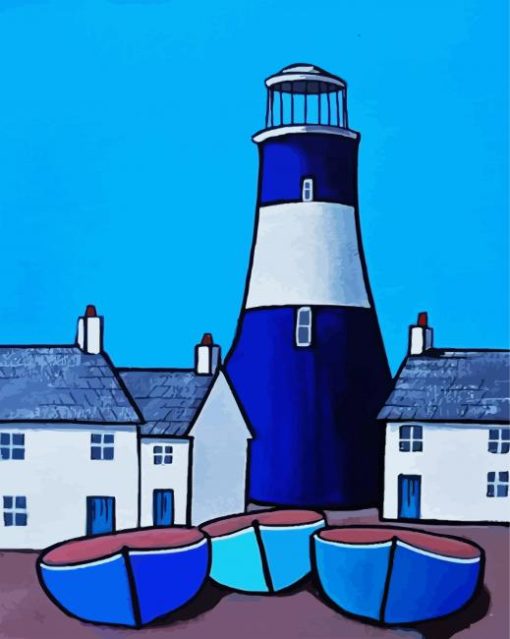 Blue Lighthouse And Boats paint by number