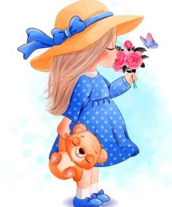 Cute Girl With Flowers And Teddy Bears paint by numbers