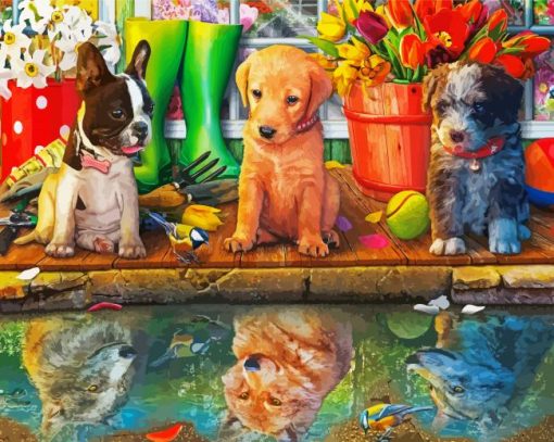 Puppies Water Reflection paint by number