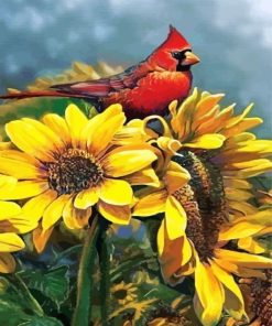 Red Cardinal On Sunflowers paint by number