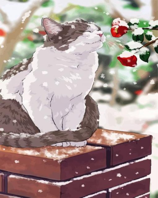 Snowy Cat Smelling Flowers paint by number