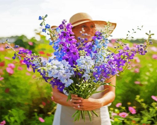 Woman Holding larkspur paint by number