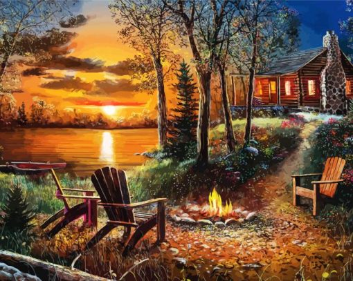 Campfire By Lake paint by number