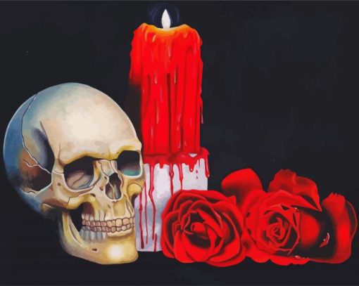 Candle With Red Roses And Skull paint by number