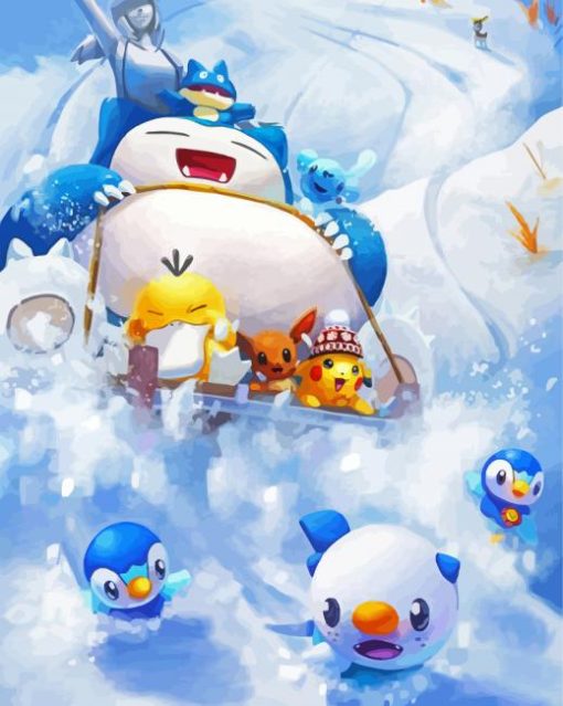 Snorlax And The Pokemons Enjoying The Snow paint by number