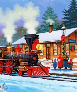 Snow Christmas Train Station paint by number