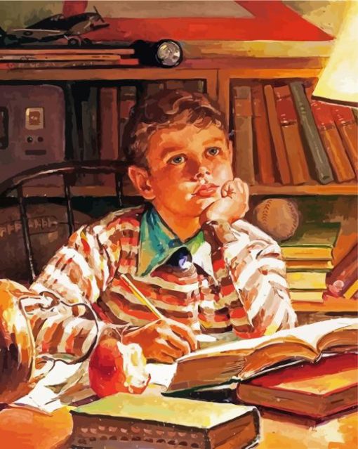 Young Boy Studying paint by number