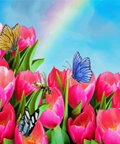 Pink Tulips And Butterflies paint by number