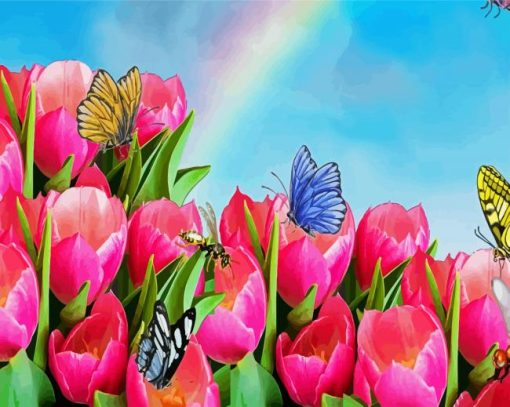 Pink Tulips And Butterflies paint by number