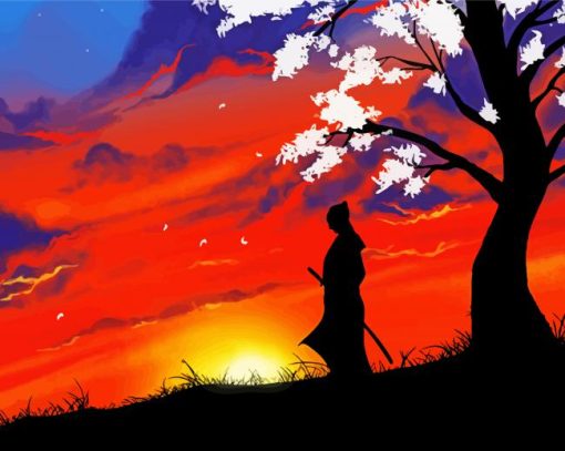 Samurai Silhouette Sunset paint by numbers