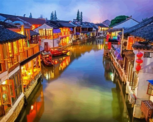 Zhouzhuang Water Town Night China paint by number