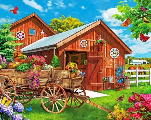 Flowers And Barn paint by number