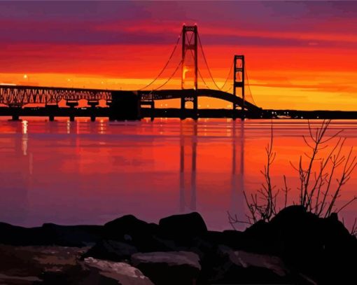 Michigan Mackinac Bridge Sunset paint by number