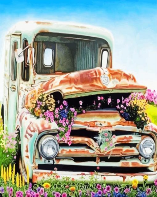 Old Truck And Flowers Illustration paint by number