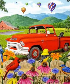 Red Truck And Flowers And Birds paint by number