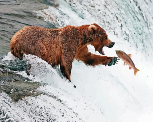 Grizzly Bear Capturing A Fish In A Waterfall paint by number