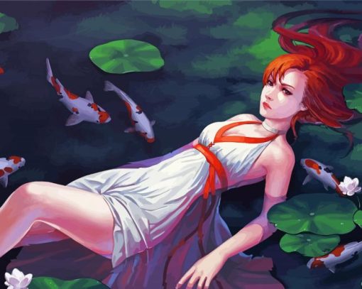 Anime Red Hair Woman In Water paint by number