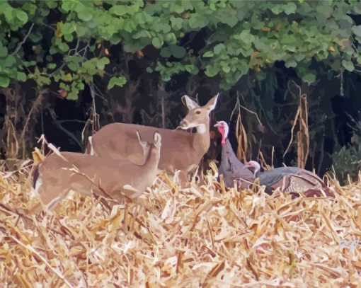 Deer With Turkeys In Field paint by number