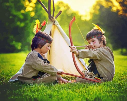 Native American Children Preparing For Hunting paint by number