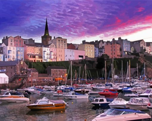 Tenby Harbour At Sunset paint by number