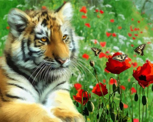 Tiger With Poppies Flowers paint by number