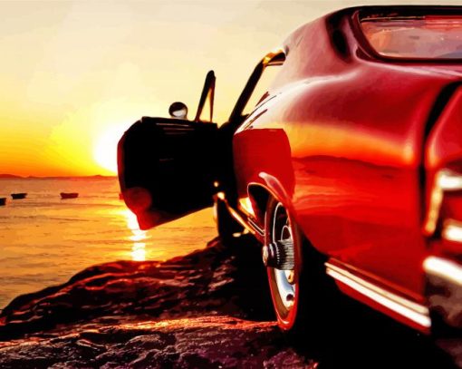 Red American Car Seascape Sunset paint by number