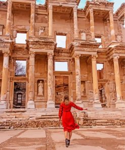 Girl With Red Dress In Library Of Celsus In Ephesus paint by number