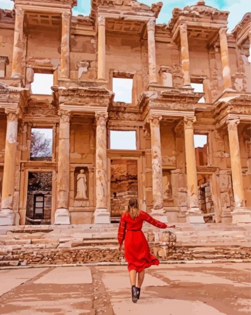 Girl With Red Dress In Library Of Celsus In Ephesus paint by number