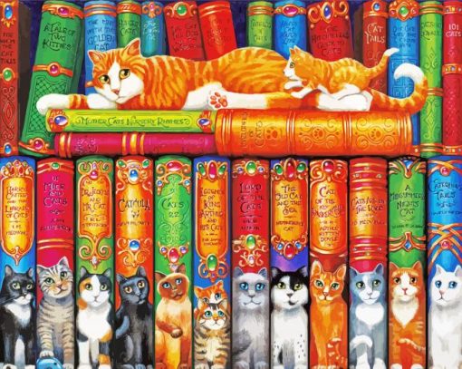 Cats In Bookshelves Library paint by number