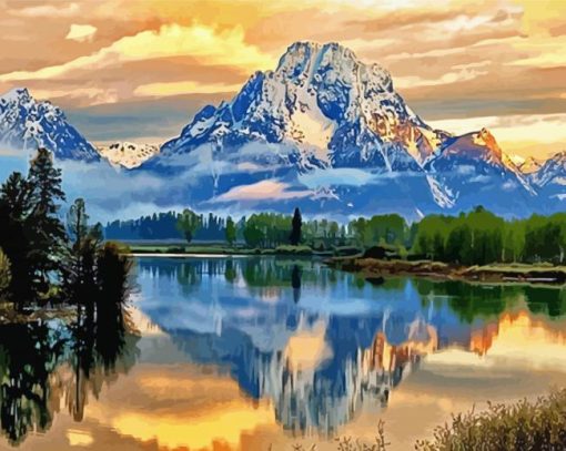 Snowy Teton Mountain Water Reflection paint by number